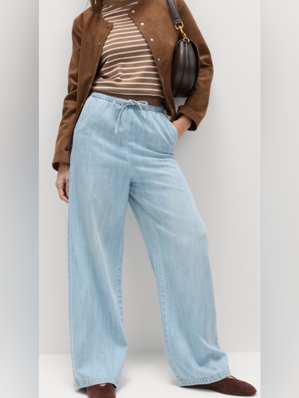 M&S Light Wash Wide Leg Drawstring Pull On Jeans